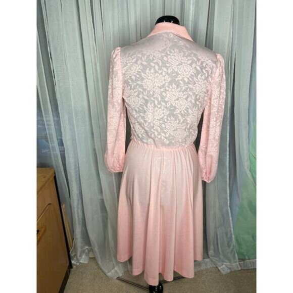 dress 1980s sheer lace bodice ruffle front pink - Picture 3 of 10